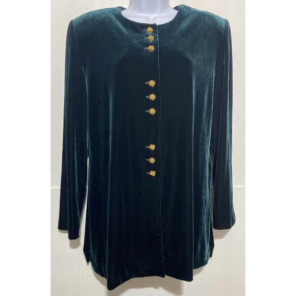 Vintage R&M Richards Jacket Womens 14P Emerald Green Velvet Gold Button USA 90s - Picture 2 of 10